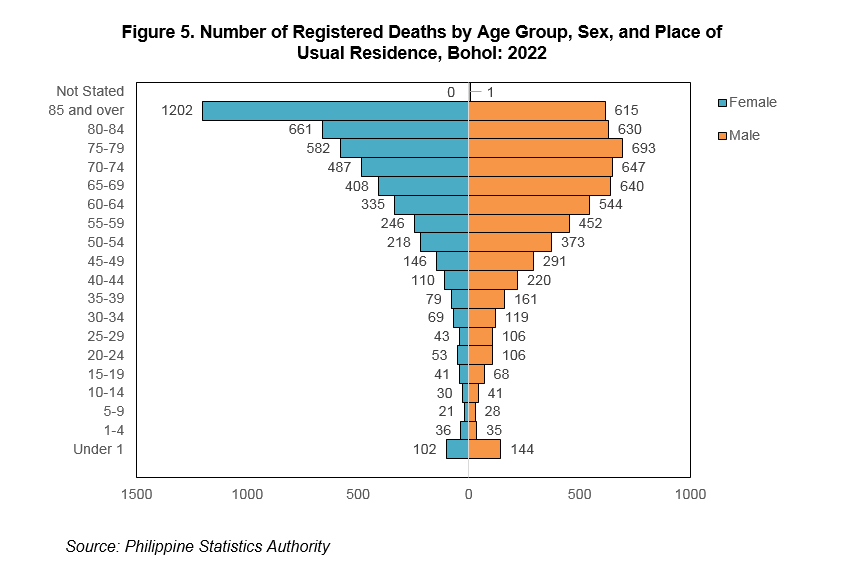 Figure 5. Number of Registered Deaths by Age Group, Sex, and Place of Usual Residence, Bohol: 2022