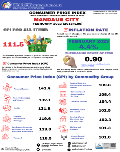 Consumer Price Index, Inflation Rate, Purchasing Power of Peso in Mandaue City, February 2023